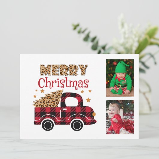 赤い格子模様のトラック双子の誕生の発表クリスマス 案内状 (スタンド正面)