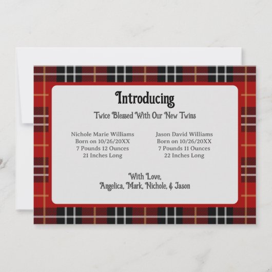 赤い格子模様のトラック双子の誕生の発表クリスマス 案内状 (裏面)