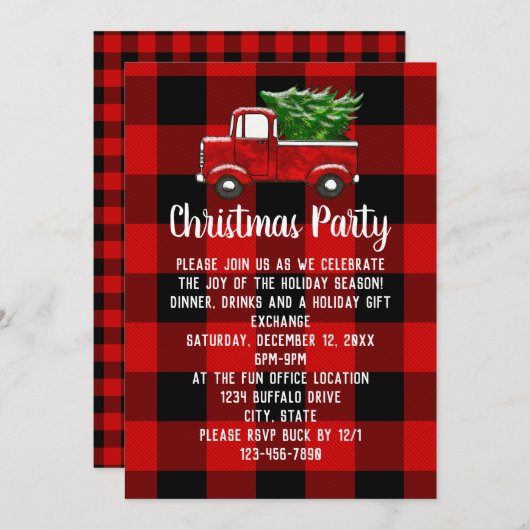 赤い格子模様のトラック素朴カントリークリスマスパーティー 招待状 (正面/裏面)