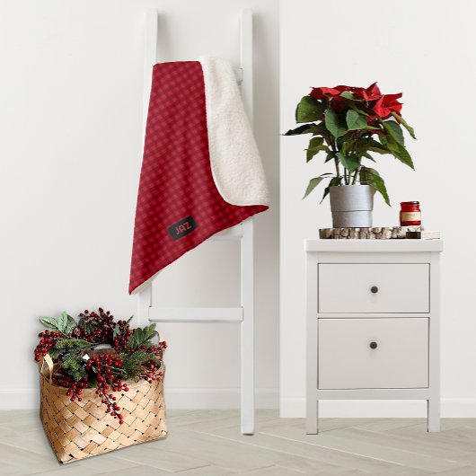 赤い格子模様のニット効果 – 編み物とイニシャル シェルパブランケット