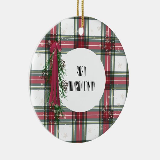 赤い格子模様のパーソナライズされたクリスマスセラミックオーナメント セラミックオーナメント (右)