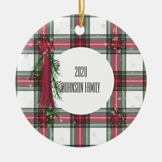 赤い格子模様のパーソナライズされたクリスマスセラミックオーナメント セラミックオーナメント (正面)
