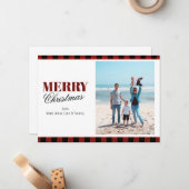 赤い格子模様のパーソナライズされた写真クリスマスカード ノートカード (正面/裏面インサイチュ)
