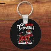 赤い格子模様のビーグル犬サンタハットクリスマスツリーリュー キーホルダー (正面)