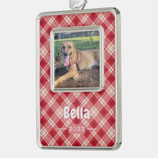赤い格子模様のペット写真フレームオーナメント(年名) シルバープレートフレームオーナメント (左)