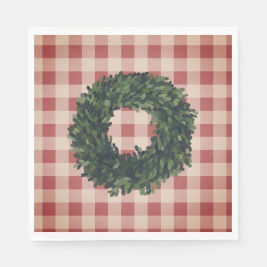 赤い格子模様のボックスウッドのリース カントリー スタイリッシュ スタンダードランチョンナプキン (正面)