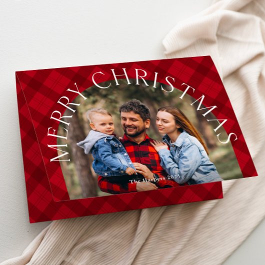 赤い格子模様のボホアーチメリークリスマスフォト シーズンカード