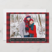 赤い格子模様のメリークリスマスカップルの写真 シーズンカード (正面)
