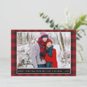赤い格子模様のメリークリスマスカップルの写真 シーズンカード (スタンド正面)