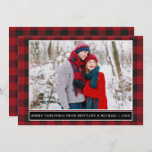 赤い格子模様のメリークリスマスカップルの写真 シーズンカード (正面/裏面)