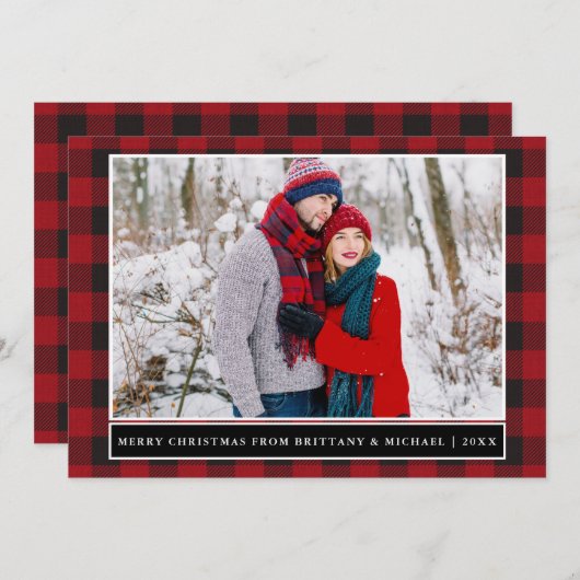 赤い格子模様のメリークリスマスカップルの写真 シーズンカード (正面/裏面)