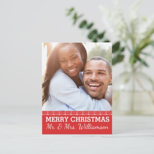 赤い格子模様のメリークリスマス写真葉書 シーズンポストカード (スタンド正面)