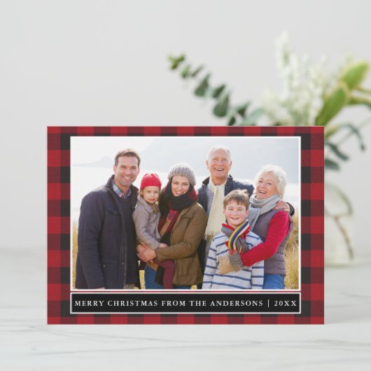 赤い格子模様のメリークリスマス家族の写真 シーズンカード (スタンド正面)