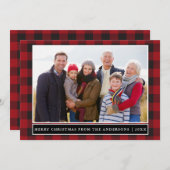 赤い格子模様のメリークリスマス家族の写真 シーズンカード (正面/裏面)