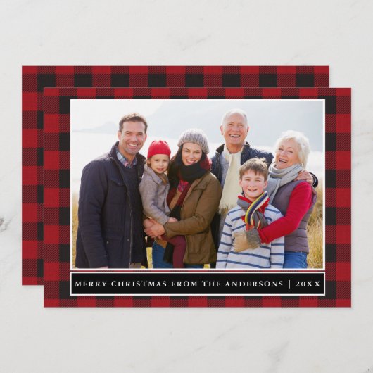 赤い格子模様のメリークリスマス家族の写真 シーズンカード (正面/裏面)