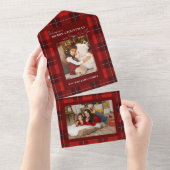 赤い格子模様のメリークリスマス1写真 オールインワン招待状 (貼ってはがせる)