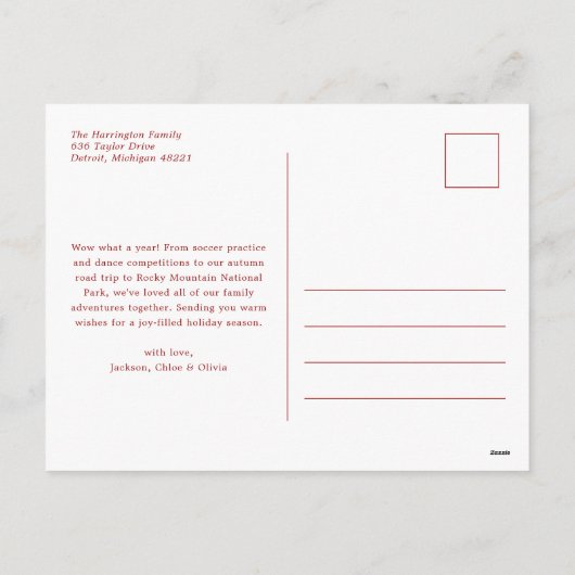 赤い格子模様のモノグラム写真クリスマス シーズンポストカード (裏面)