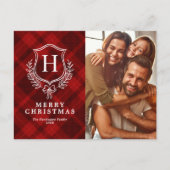 赤い格子模様のモノグラム写真クリスマス シーズンポストカード (正面)