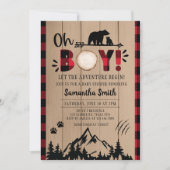 赤い格子模様のランバージャックベビーシャワー 招待状 (正面)