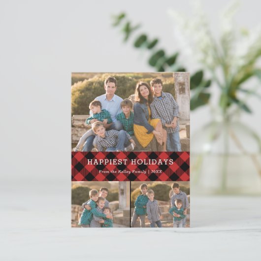 赤い格子模様の休日3枚の写真クリスマスポストカード ポストカード (スタンド正面)