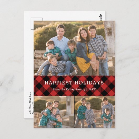 赤い格子模様の休日3枚の写真クリスマスポストカード ポストカード (正面/裏面)