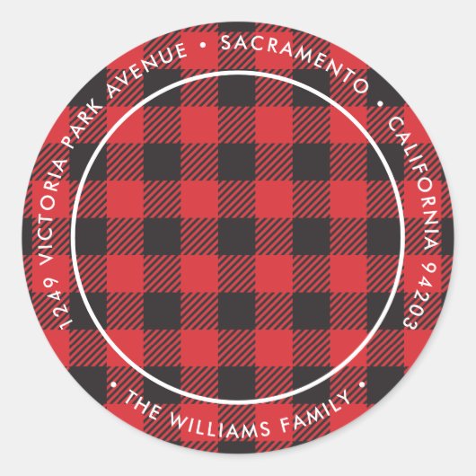 赤い格子模様の写真クリスマス差出人住所ラベル ラウンドシール (正面)