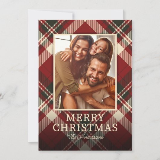 赤い格子模様の写真クリスマス シーズンカード (正面)