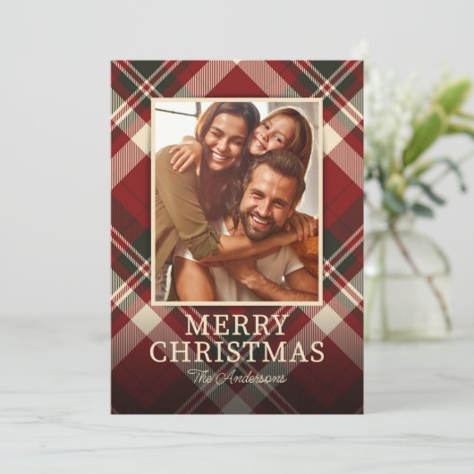 赤い格子模様の写真クリスマス シーズンカード (スタンド正面)