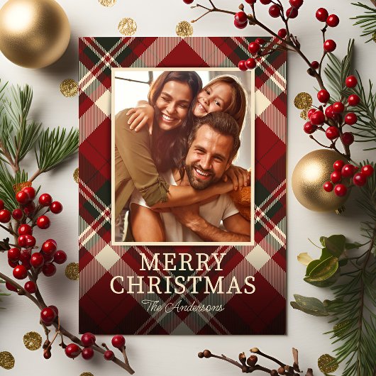 赤い格子模様の写真クリスマス シーズンカード