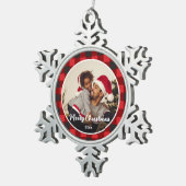 赤い格子模様の写真クリスマス スノーフレークピューターオーナメント (右)