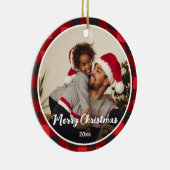 赤い格子模様の写真クリスマス セラミックオーナメント (右)