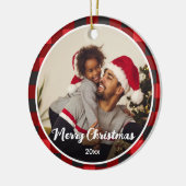 赤い格子模様の写真クリスマス セラミックオーナメント (左)