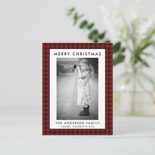 赤い格子模様の写真メリークリスマスカード ポストカード (スタンド正面)