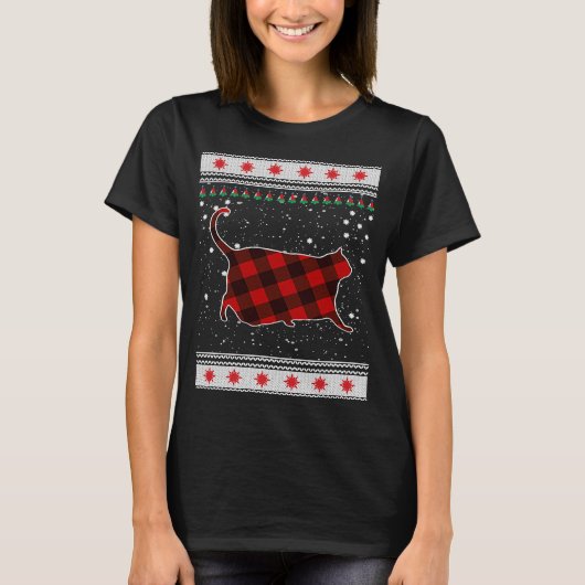 赤い格子模様の動物の猫チョンククリスマスセーター Tシャツ (正面)
