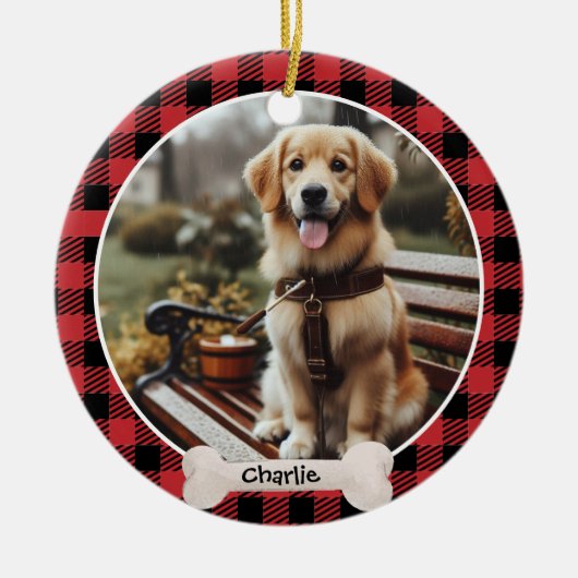 赤い格子模様の名前をカスタムすると可愛いペット写真 セラミックオーナメント (正面)