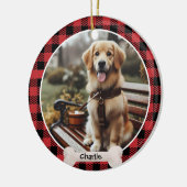 赤い格子模様の名前をカスタムすると可愛いペット写真 セラミックオーナメント (左)