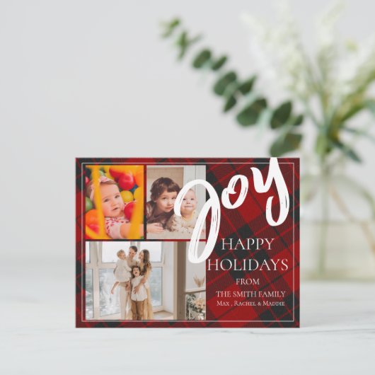 赤い格子模様の喜びクリスマスファミリーグリーティングフォト シーズンポストカード (スタンド正面)