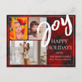 赤い格子模様の喜びクリスマスファミリーグリーティングフォト シーズンポストカード (正面)