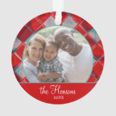 赤い格子模様の家族の写真クリスマスキープサケ オーナメント (裏面)