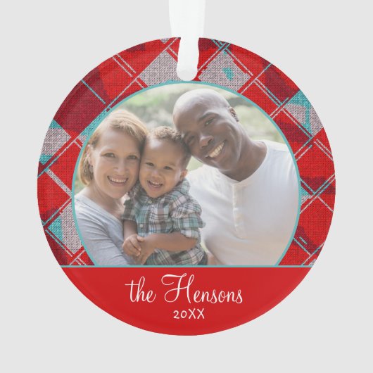 赤い格子模様の家族の写真クリスマスキープサケ オーナメント (裏面)