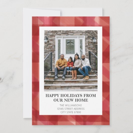 赤い格子模様の新しい家にクリスマスの写真を移動 シーズンカード (正面)
