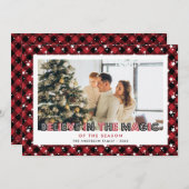 赤い格子模様の星の信じ写真クリスマスカード シーズンカード (正面/裏面)