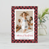 赤い格子模様の星雪写真メリークリスマスカード シーズンカード (スタンド正面)