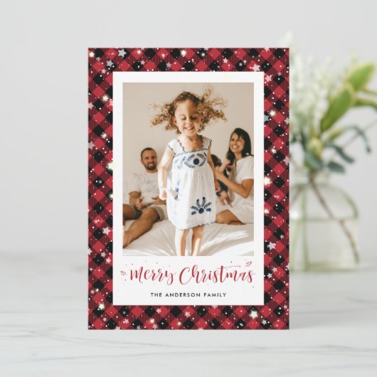 赤い格子模様の星雪写真メリークリスマスカード シーズンカード (スタンド正面)