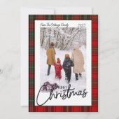 赤い格子模様の楽しいクリスマス写真 シーズンカード (正面)