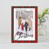 赤い格子模様の楽しいクリスマス写真 シーズンカード (スタンド正面)