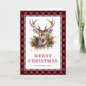 赤い格子模様の水彩鹿メリークリスマスフォト シーズンカード (正面)