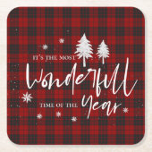 赤い格子模様の素晴らしい年のクリスマスパーティー スクエアペーパーコースター (正面)