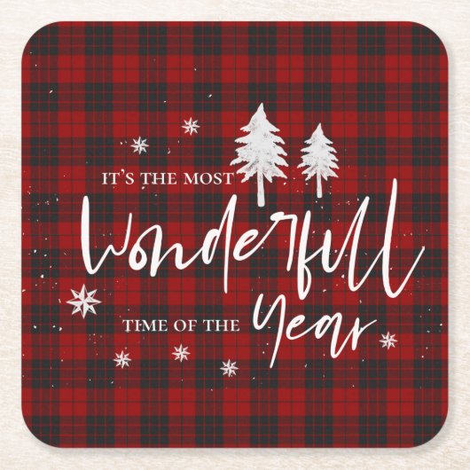 赤い格子模様の素晴らしい年のクリスマスパーティー スクエアペーパーコースター (正面)