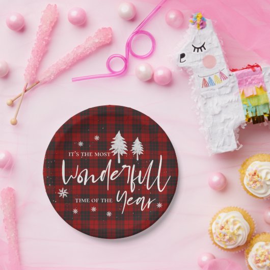 赤い格子模様の素晴らしい年のクリスマスパーティー ペーパープレート (パーティー)